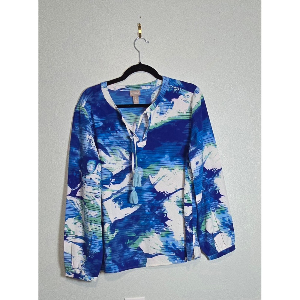 Chicos Blue Green Abstract Floral Tassel Tie Neck Blouse Size 2 Large LS
